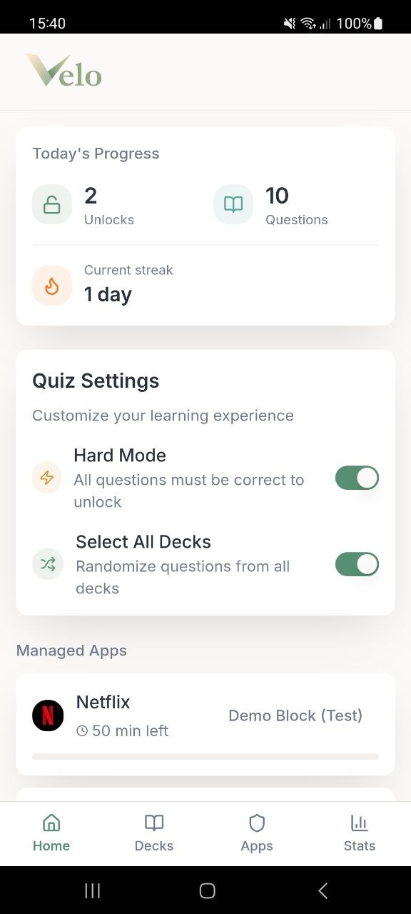 Velo home screen